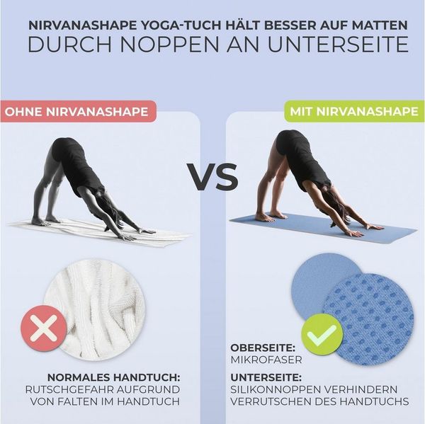 NirvanaShape Sporthandtuch Yoga Handtuch mit Antirutsch-Noppen, Yogatuch-Auflage für Yogamatte, Microfaser, +Yoga Einführungs eBook, Yogatuch-Auflage Saugstark, Hygienisch