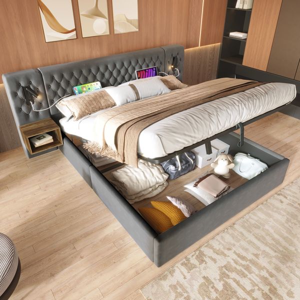 Bettanlage Schlafzimmer Komplett Set,Polsterbett Hydraulisch Stauraumbett Doppelbett 180×200 cm mit 2 Nachttischen, Kopfteil Leselicht mit USB Ladefunktion, Grau, Samt(Ohne Matratze)