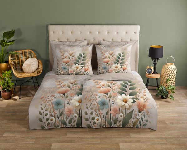 good morning Wendebettwäsche Ingrid, Renforcé, 2 teilig, 100% Baumwolle, Renforcé, Reißverschluss, Wendeoptik, Blumen, sand