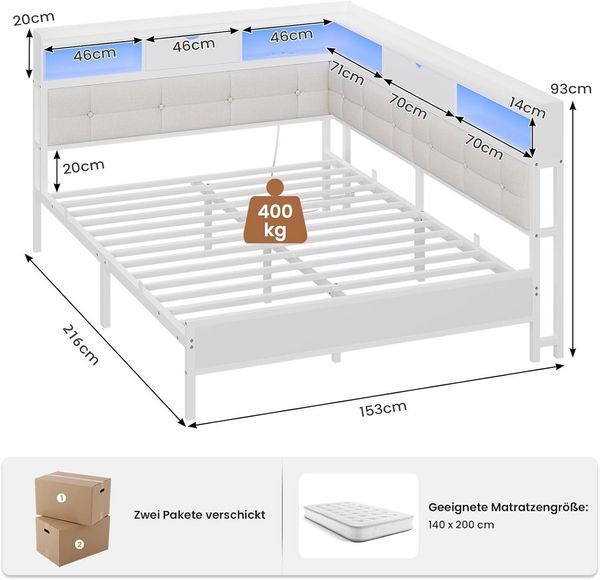 MSMASK Daybett Polsterbett Jugendbett mit LED-Beleuchtung und USB-Ladestation, Bettgestell mit Lattenrost aus Metall, 140 x 200 cm