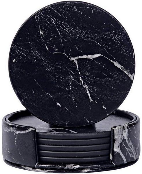 LuxusKollektion Glasuntersetzer Untersetzer Schwarz PU Leder Rund Marmormuster Set von 6 Gläser 6er
