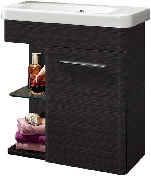 LANZET K8 Gäste WC Waschtisch Set 60 cm breit, Anthrazit Holzoptik, Waschbecken Keramik Weiß, Türanschlag rechts