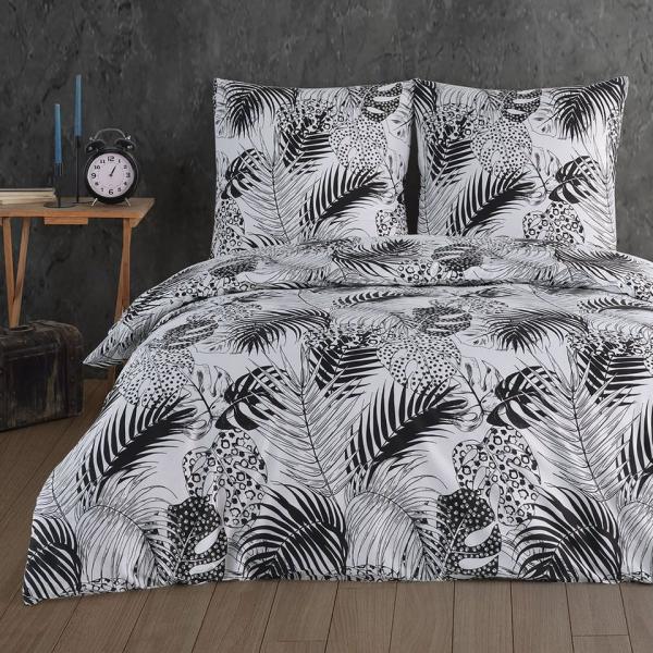 Buymax Bettwäsche Bettwäsche Bettbezug-Set Exotic, Renforce: 100% Baumwolle, 3 teilig, 200x200 cm, Reißverschluss Weiß Schwarz Palmenblätter Monstera Blätter