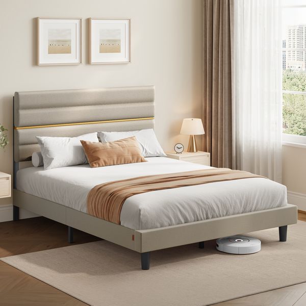VASAGLE Bettgestell, Doppelbettgestell, passend für 160 x 200 cm Matratze, verstellbares gepolstertes Kopfteil, modern, beige