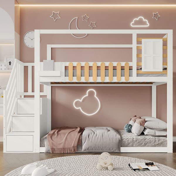Merax Kinderbett, Etagenbett 90x200cm mit Treppe, Fenster und Regalkasten, mit 3 Schließfächer in der Treppe, mit Fallschutzgitter, Weiß