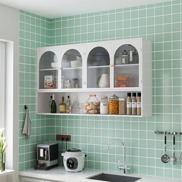 Wandmontierter 120 cm Vier-Türen Glas-Wandschrank aus Eisen in Weiß,Platzsparendes Design