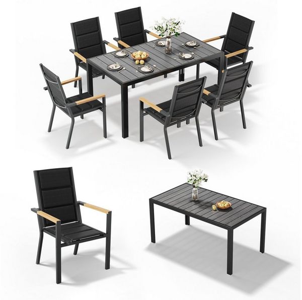 HOMALL Garten-Essgruppe 150/180cm Holzoptik Aluminiumtisch und Gartenstühle mit Holzarmlehnen, (7-tlg), Stapelbare Gartenstühle bis 160kg, rostfreier Aluminiumtisch bis 100kg