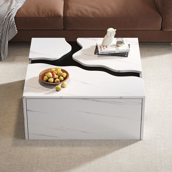 Merax Couchtisch in Marmoroptik, moderner geometrischer Beistelltisch (1-St), Kaffeetisch Wohnzimmertisch mit Schublade, 70x70x31cm