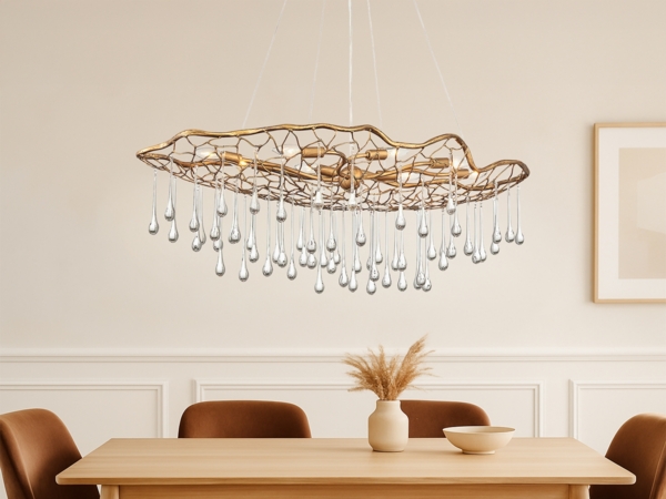 Ausgefallene große LED Pendelleuchte Gold matt mit Glas Behang, Breite 107cm