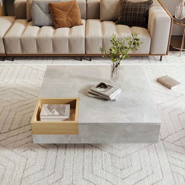 LVHOM Couchtisch mit herausnehmbaren Holzbox, Beistelltisch Betonoptik, Wohnzimmertisch Indutrial Kaffeetisch, 72x72x30cm, Grau