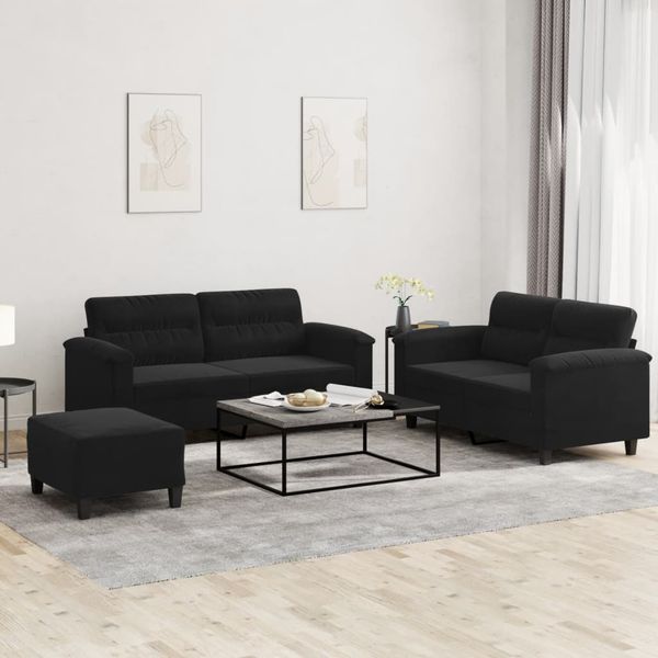 vidaXL 3-tlg. Sofagarnitur mit Kissen Schwarz Mikrofasergewebe 3202323