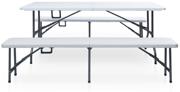 vidaXL Klappbarer Gartentisch mit 2 Bänken 180 cm Stahl und HDPE Weiß 48833