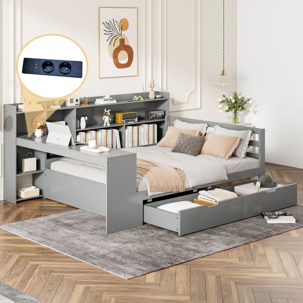 Multifunktionales Massivholz-Schlafsofa 140x200 cm mit Schreibtisch, Regalen, Schubladen, USB-Anschluss,Grau