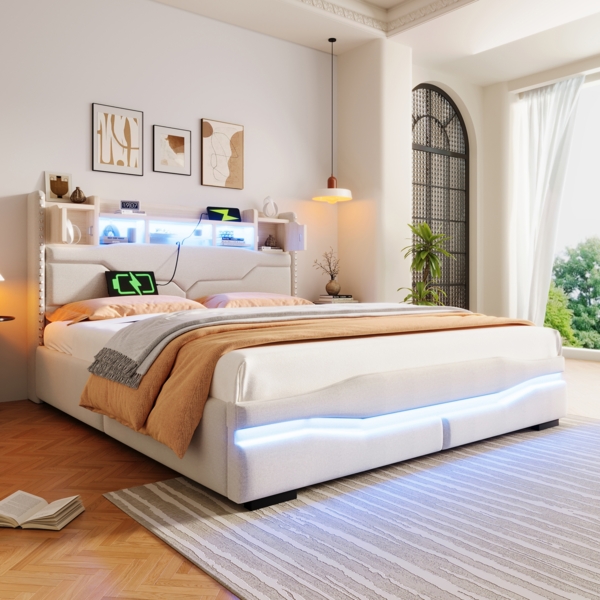 Polsterbett 160×200 cm mit Schlüssel, Leinenbezug auf MDF, LED-App- und Fernbedienung, Nachttisch-Staufach,Musikmodus,Beige