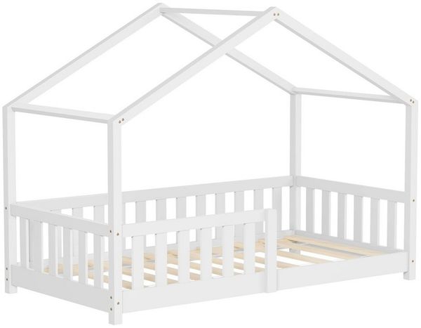 ML-DESIGN Spielbett Hausbett Kinderbett inkl. Lattenrost & Rausfallschutz Kinder Bodenbett, Abenteuerbett 80x160cm Haus Bett Himmelbett Kiefer Jugendbett Weiß