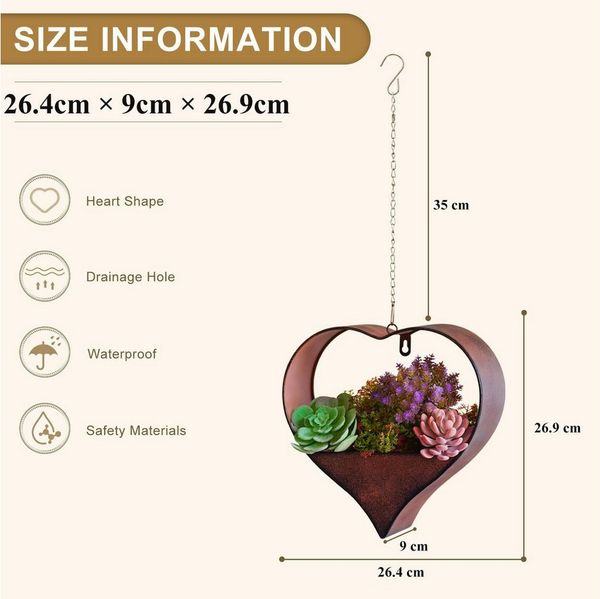 HEYHIPPO Blumentopf Metall Herz Hänge-Blumentopf Braun 26,4x9x26,9 cm Gartendeko Rost (Wetterfeste Hängeampel aus Eisen für Garten, Balkon und Außendeko), Herzförmiger Wandblumentopf aus Eisen, wasserdicht mit Drainagelöchern