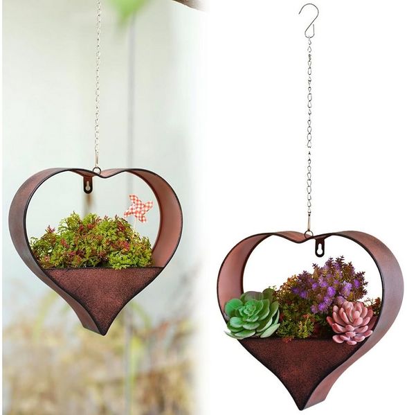 HEYHIPPO Blumentopf Metall Herz Hänge-Blumentopf Braun 26,4x9x26,9 cm Gartendeko Rost (Wetterfeste Hängeampel aus Eisen für Garten, Balkon und Außendeko), Herzförmiger Wandblumentopf aus Eisen, wasserdicht mit Drainagelöchern