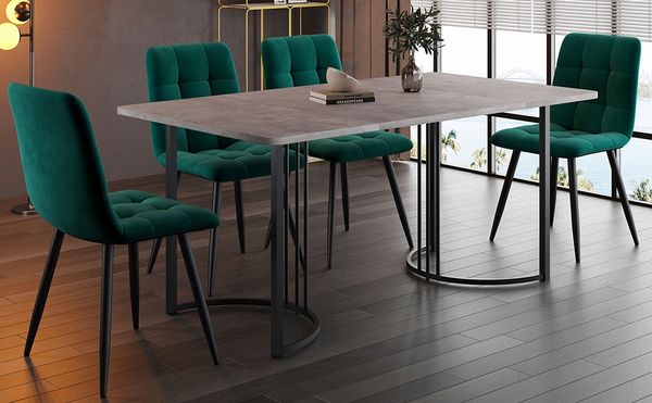 Esstisch 140x80x75 cm Grau MDF mit Marmor‑Dekor, stabiles Metalllgestell, 4 Samtstühle – 5‑tlg. Essgruppe,Grau und Grün