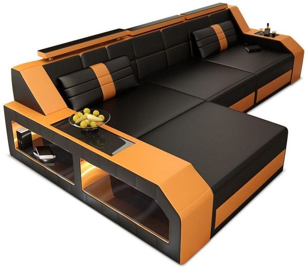 Couch Arezzo L Form in Leder - Büffelleder - schwarz-orange - Links