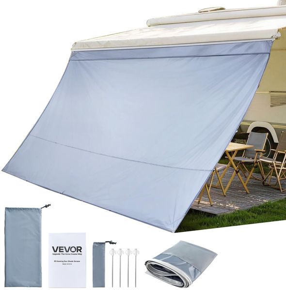VEVOR Sonnenschutz (2x3,7 m) für Markisen (4 m), Markisen-Vorderwand mit UV50+ & Reißverschluss-PU-Bezug & Doppelt Genähtem Polyester-Netzgewebe, Regenschutz für Wohnmobil, Camping & Wohnwagen