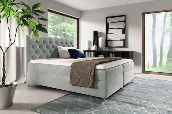 MEBLINI Boxspringbett GIULIA 140x200 cm mit Bettkasten – H4/Hellgrau Samt Polsterbett - Doppelbett mit Topper & Taschenfederkern-Matratze