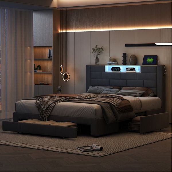 Furnishings Home Polsterbett LED Stauraumbett Doppelbett (Jugendbett, Drei extra große Schubladen unter dem Bett), Mit LED-Beleuchtung, USB + TYPE-C, Samt, 160x200 cm
