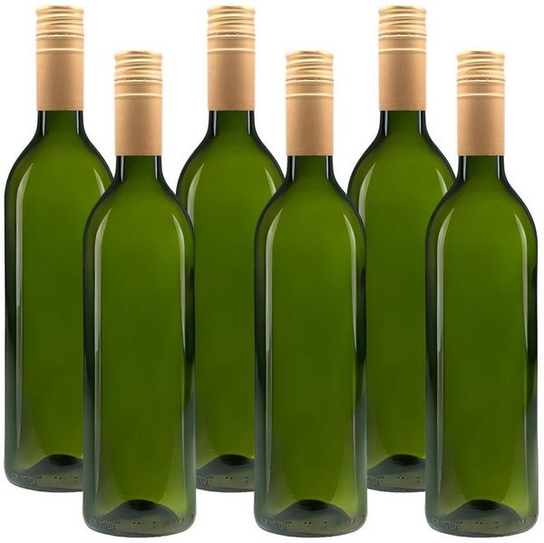 mikken Trinkflasche 6 Ölflaschen 750 ml Weinflasche Glasflasche grün inkl. Etiketten, mit goldenem Deckel, 0,75 L