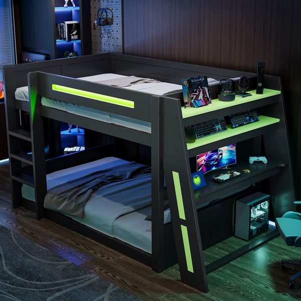 Merax Etagenbett, Gaming Kinderbett, 140x200cm, mit Schreibtisch Aufladen LED-Beleuchtung, Schwarz+Grün