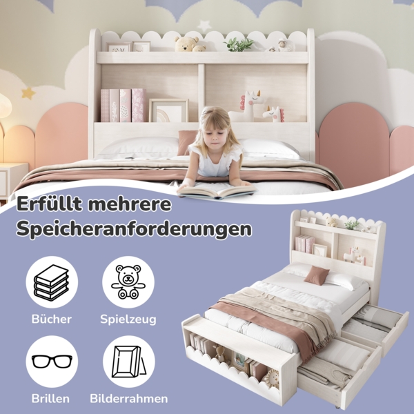 Merax Kinderbett Einzelbett Stauraumbett mit Schubladen, Regal und Sitzbank mit Stauraum, Holzbett 90x200 cm, Bettgestell und Lattenrost aus Holz, Weiß (Ohne Matratze) Bild 8
