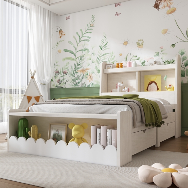 Merax Kinderbett Einzelbett Stauraumbett mit Schubladen, Regal und Sitzbank mit Stauraum, Holzbett 90x200 cm, Bettgestell und Lattenrost aus Holz, Weiß (Ohne Matratze) Bild 2