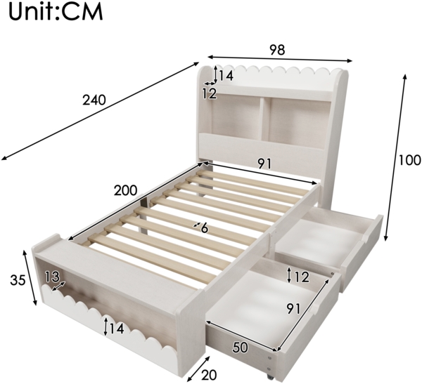 Merax Kinderbett Einzelbett Stauraumbett mit Schubladen, Regal und Sitzbank mit Stauraum, Holzbett 90x200 cm, Bettgestell und Lattenrost aus Holz, Weiß (Ohne Matratze) Bild 4