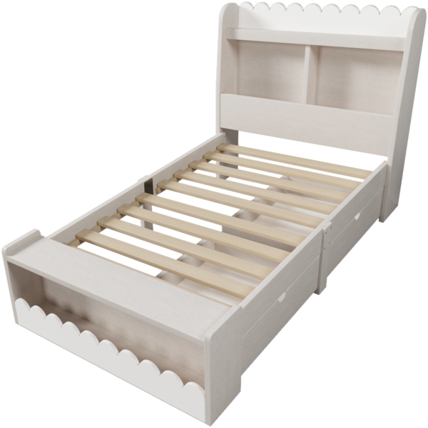 Merax Kinderbett Einzelbett Stauraumbett mit Schubladen, Regal und Sitzbank mit Stauraum, Holzbett 90x200 cm, Bettgestell und Lattenrost aus Holz, Weiß (Ohne Matratze) Bild 9