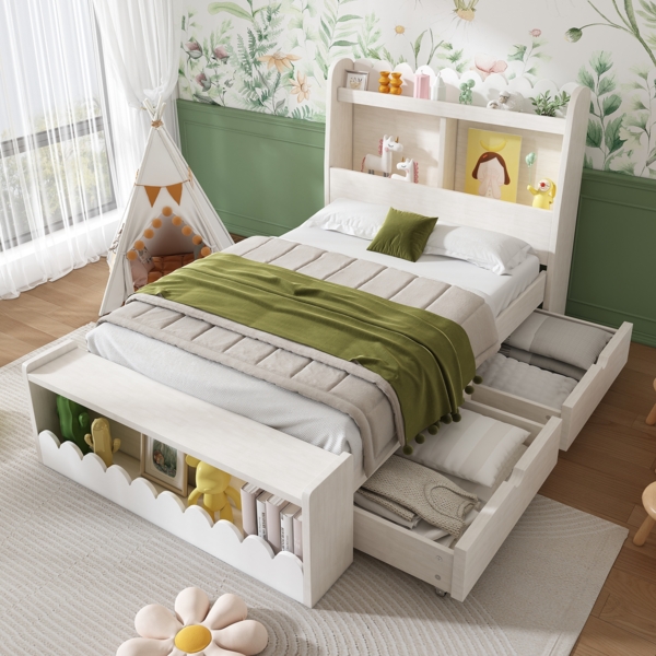 Merax Kinderbett Einzelbett Stauraumbett mit Schubladen, Regal und Sitzbank mit Stauraum, Holzbett 90x200 cm, Bettgestell und Lattenrost aus Holz, Weiß (Ohne Matratze) Bild 1