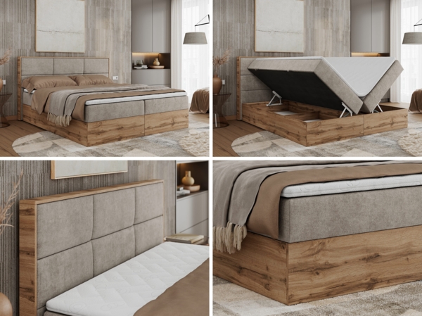 Boxspringbett mit Kopfteil und Topper, Polsterbett - ALBERO 2 - 200 x 200 cm - Beige Stoff - H3 Bild 2