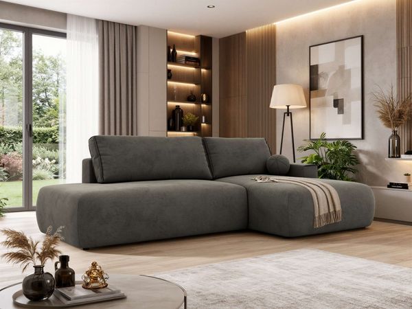 Ecksofa TAREN L mit Schlaffunktion, Bettkasten, DL-Mechanismus, Wellenfederung und freistehendem, Sofa mit Stauraum - Dunkelgrau Velvet - Rechts