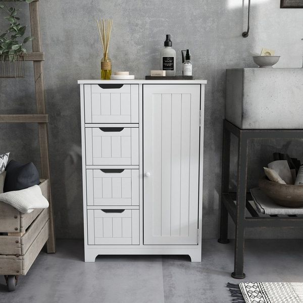 Mondeer Badkommode Badezimmerschrank, Wandkommode mit 4 Schubladen und 1 Tür, Verstellbar, Weiß