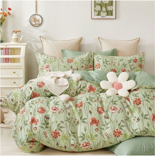 KEAYOO Bettwäsche Blumenbettwäsche 135x200 cm Bettbezug 80x80 cm Kissenbezug, 2 teilig, Roten Grün Baumwolle Bettwäsche mit Reißverschluss