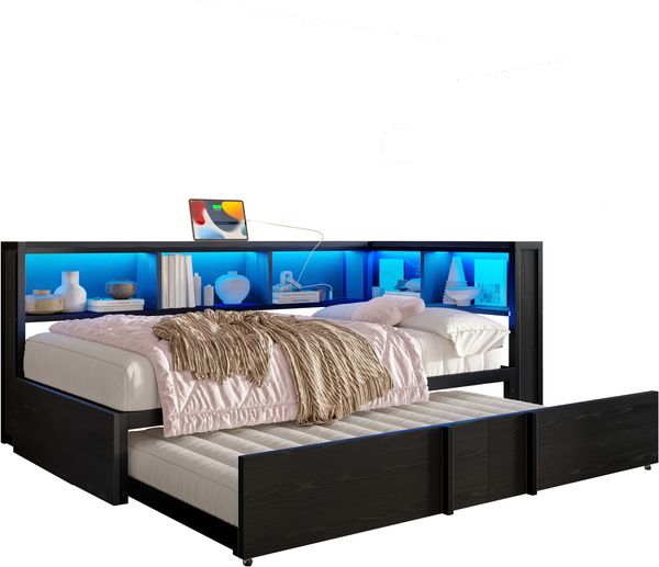 Metall-Tagesbett 90x200 cm mit Ausziehbett, 5 Stauschränken, LED-Beleuchtung und USB-Ladestation, Schwarz