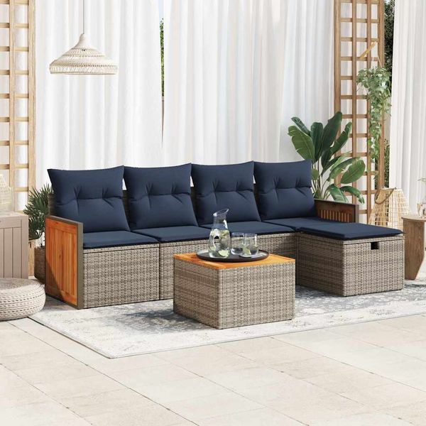 vidaXL 6-tlg. Garten-Sofagarnitur mit Kissen Grau Poly Rattan 3326023