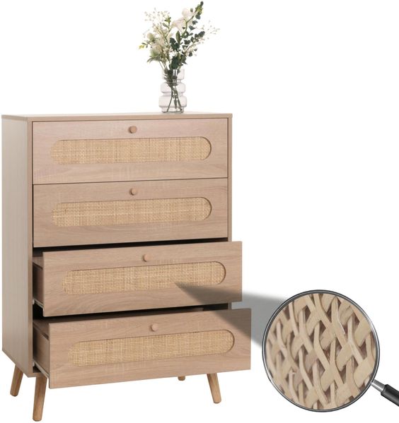 Kommode HWC-M38, Schrank Highboard, Kubu Rattan Holz, 101 x 71 x 42 cm Eiche-Optik