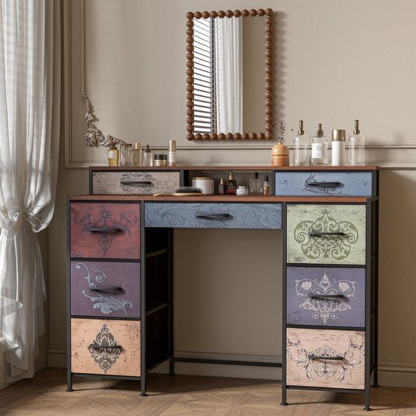 FUROKOY Kommode Vintage Stoffkommode Sideboard mit klappbaren Stoffschubladen (Schminktisch mit Stoffchubladen, Retro-schubladenschrank für Arbeitszimmer Flur Wohnzimmer Schlafzimmer), 9 Stoffschubladen