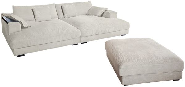 KAWOLA Big Sofa MADELINE Cord cremeweiß mit Hocker / 4 Zierkissen / Armlehntablett schwarz 85 x 170 x 290 cm Bild 3