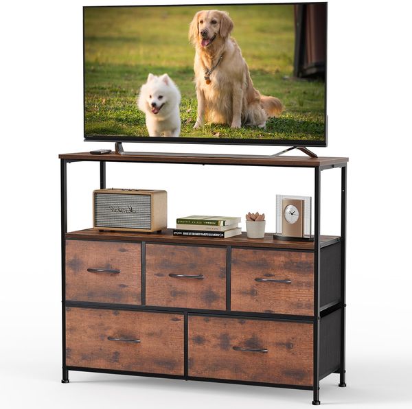 Sweetcrispy Kommode,TV Schrank Stand für Schlafzimmer mit 5 Stoffschubladen,Sideboard Wohnzimmer für 115cm TV,Einstellbare Füße Schubladenschrank, Braun