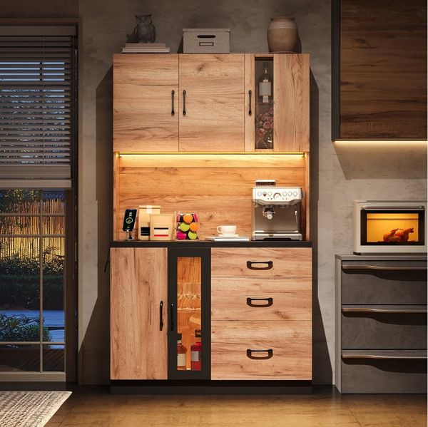 Flieks Küchenbuffet mit Steckdose, LED-Beleuchtung und verstellbaren Einlegeböden (B105/T40/H180 cm, 1-St, Geschirrschrank mit Glas-Einlegeböden und Schubladen) Hochschrank Küchenschrank Holzoptik Geschirrschrank mit Arbeitsplatte