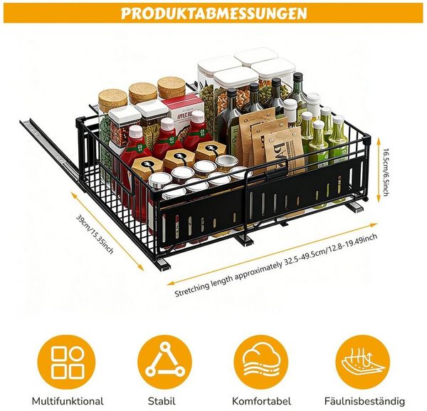 BlingBin Küchenorganizer-Set Teleskopschublade, Ausziehbare Schublade Küche Organizer Schrank, (1 Stück Erweiterbar Küchenschublade mit Kleber, 1-tlg, Produktabmessungen: 32.5-49.5L x 39B x 16.5H cm), Schubladen-Aufbewahrungsregale für Küche, Ohne Bohr...