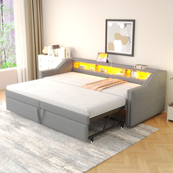 Polsterbett Ausziehbett 90/180x200 cm mit LED, USB, Ablagefächern, Lattenrost, Hellgrau, ohne Matratze
