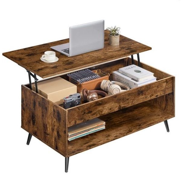 VASAGLE Couchtisch, Wohnzimmertisch, höhenverstellbar, verstecktes Fach, für Homeoffice, offenes Fach, vintagebraun-schwarz