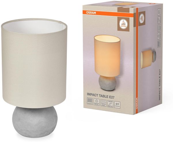 Osram Decor Impact dekorative Tischleuchte aus Beton mit E27 Fassung, 220mm, IP20, beige und grau