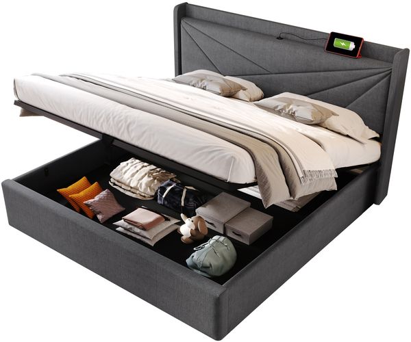 Polsterbett 160x200 cm mit Bettkasten und integrierter USB‑C Ladefunktion, Baumwoll‑Leinen Bezug, stabiler Metalllrahmen, Grau