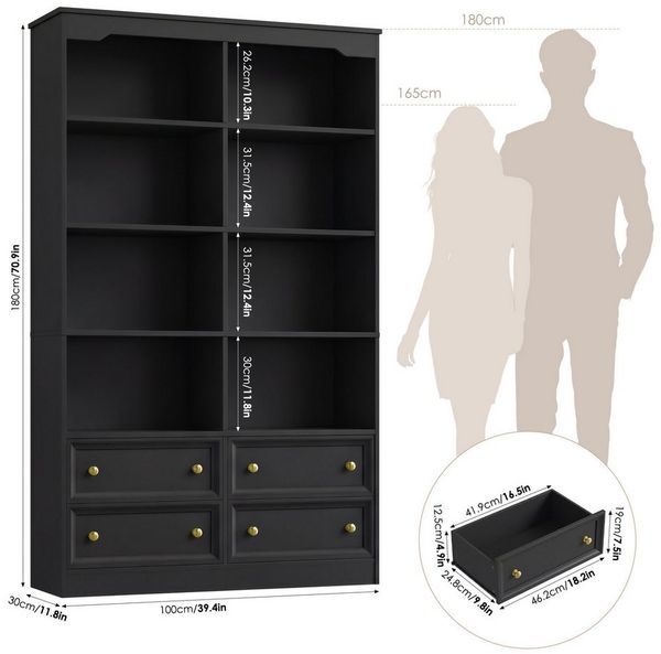 Homfa Bücherregal 180 cm Bücherschrank Hochschrank Mehrzweckschrank Standregal, mit 4 Schubladen und 8 Fächer groß holz 180x30x100cm, schwarz